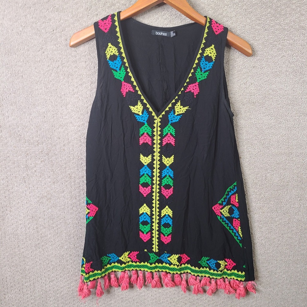 Boohoo Tank Womens 6 Black Multi Embroidered Tassel V Neck Viscose Boho Casual